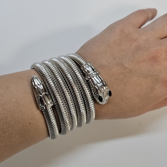 Unique Snake Wrap Around Coil Silver-Tone Rhinestone Bracelet - Picture 6 of 7